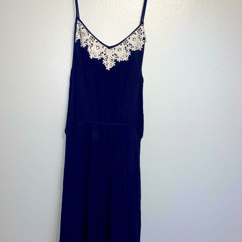 Medium navy blue with white cream lace dress